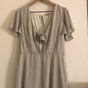 Stripe Dress Deep V with Bow White And Grey